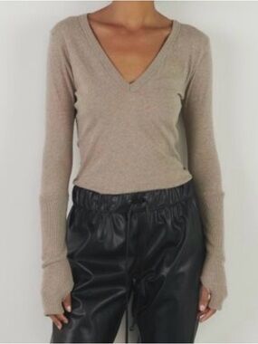 Enza Costa V-Neck Lightweight Sweater in Taupe